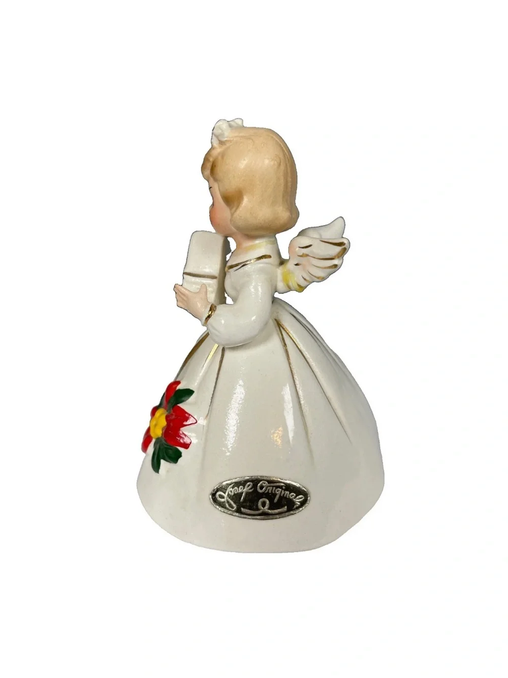 Vintage Josef Originals Poinsettia Christmas Angel Figure White Gold Ceramic